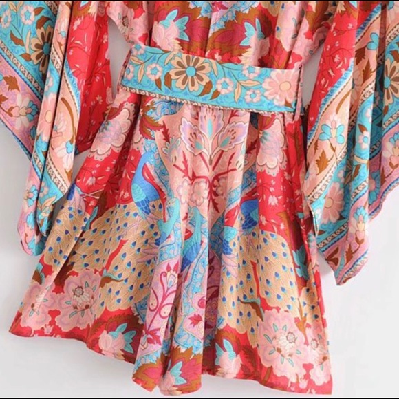 Boho Gypsy Ruby Floral Print Kimono Romper - Picture 6 of 8